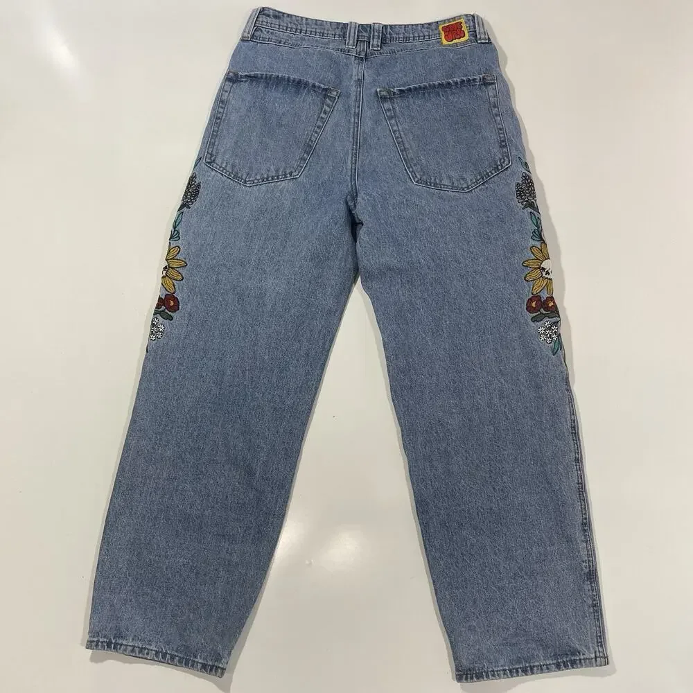 Empyre Baggy Jeans Floral Embroidered Light Wash Blue Denim Face Flowers Size 28